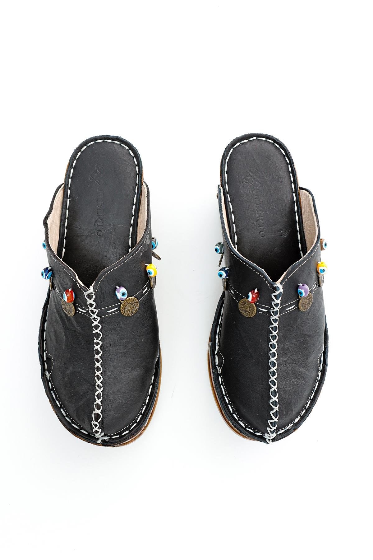 Annika Genuine Leather – Black Antique Detail Wedge Clog Slide (Women)