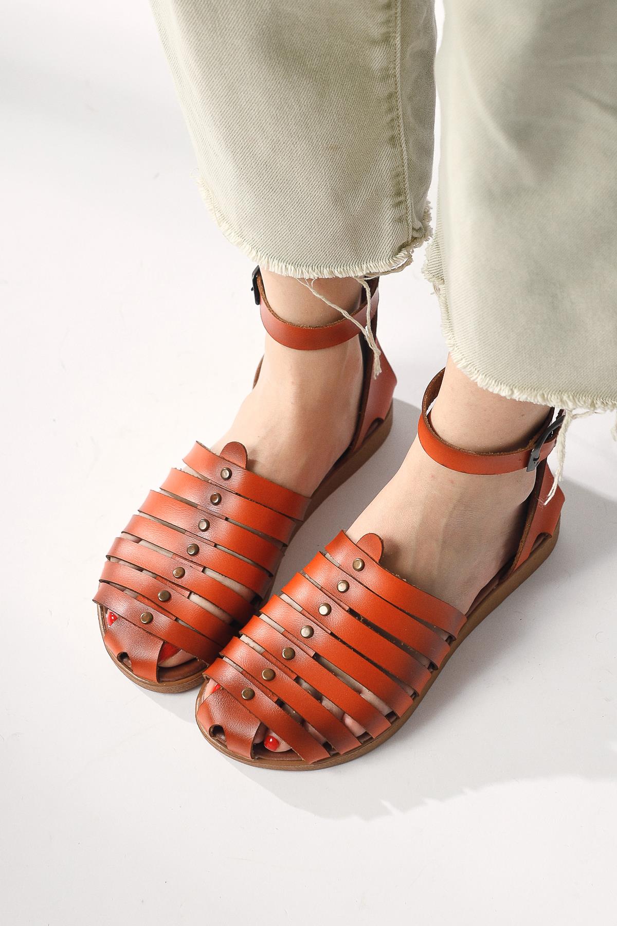Helen Genuine Leather Orange Toe-Covering Bodrum Sandals