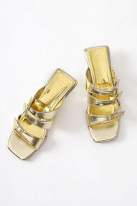 Mellanie Gold Patent Leather Triple Strap Low Heel Slides