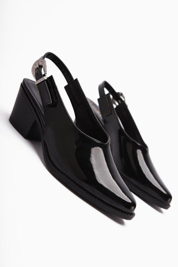 Emira Black Patent Leather Sandals with Closed Toe