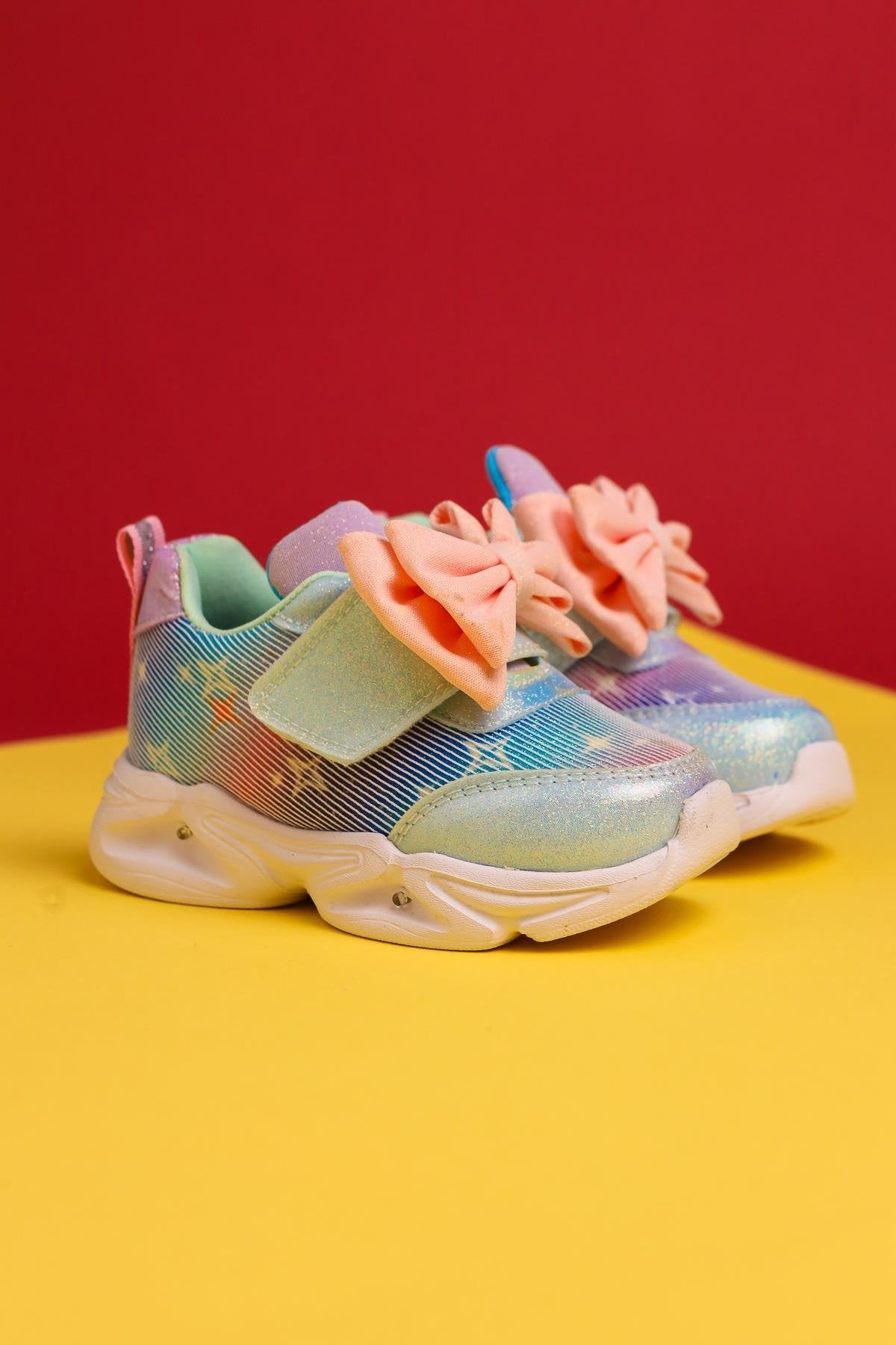 Feliz Turquoise Bow-Detailed Velcro Light-Up Baby Sneakers