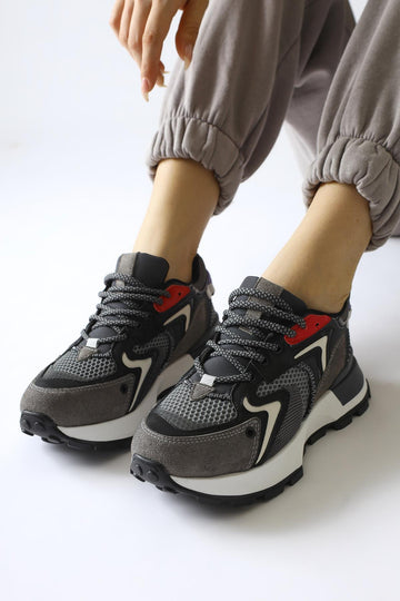 Onella Gray Suede Detailed Lace-Up Sneakers