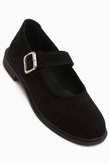 Senta Genuine Leather Black Suede Buckled Women’s Casual Shoes