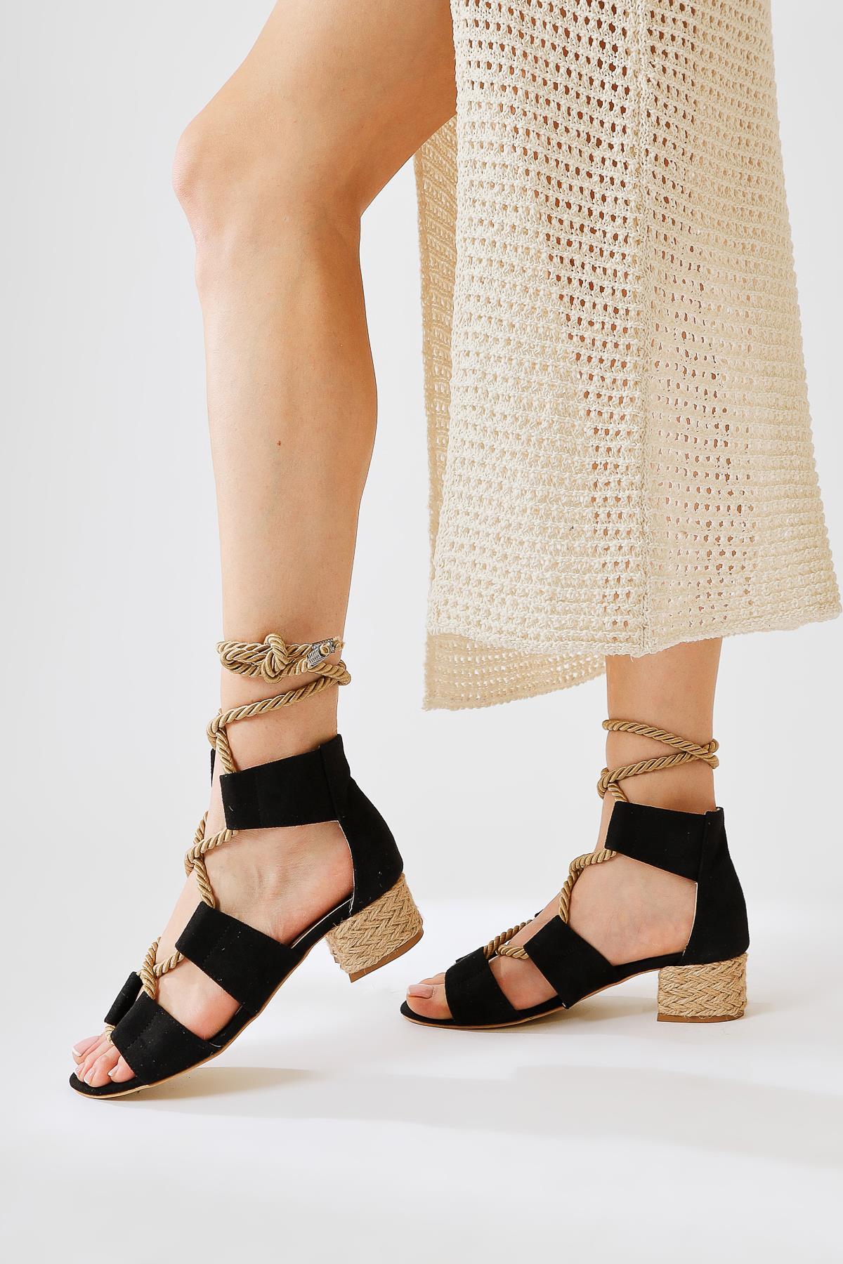 Unity Black Suede Thick-Strap Sandals with Rope Tie