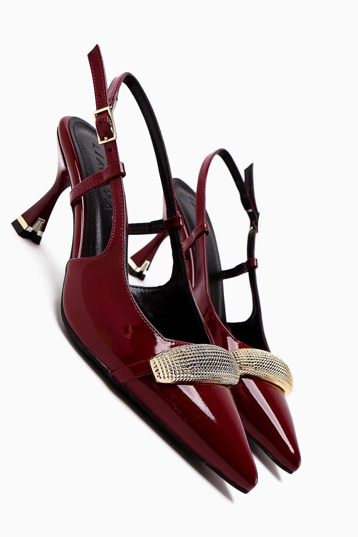 Seydi Burgundy Patent Buckled Closed Toe Women’s Heeled Shoes