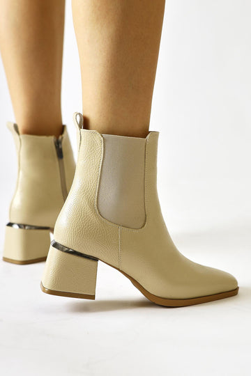 Galya – Beige Crinkled Patent Low-Heel Pull-On Boot (Women)
