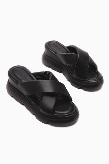 Vicki Black Cross-Strap Fluffy Women's Slipper