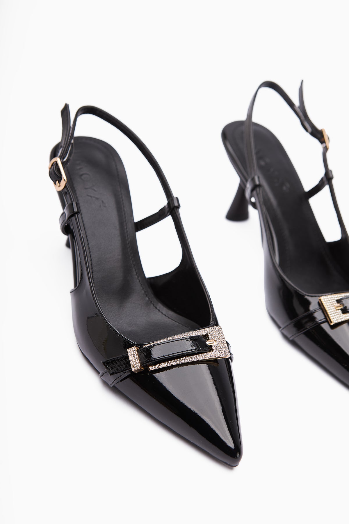 Mina Black Patent Buckled Pointed Toe Women’s Sandal