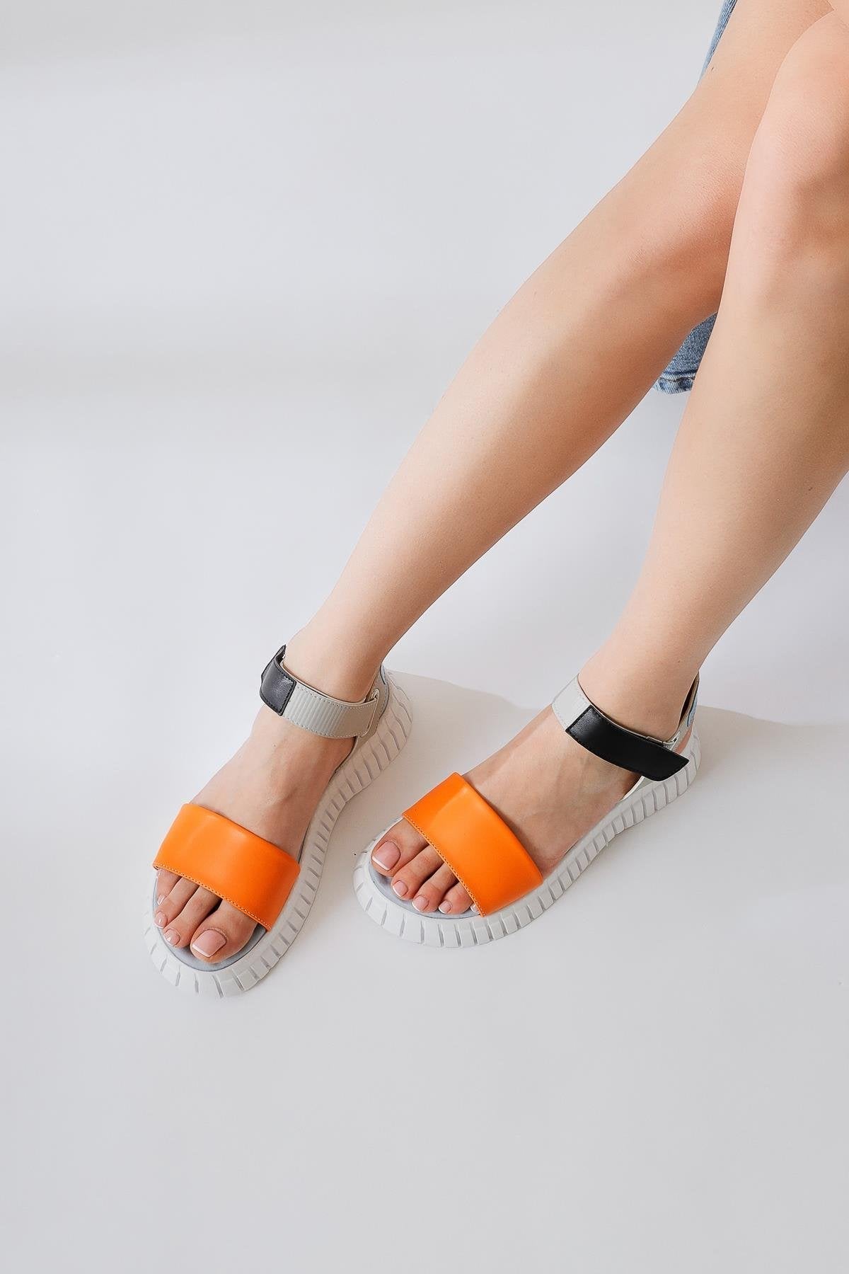 Jeny Orange Thick Strap Velcro Comfort Sole Sandal