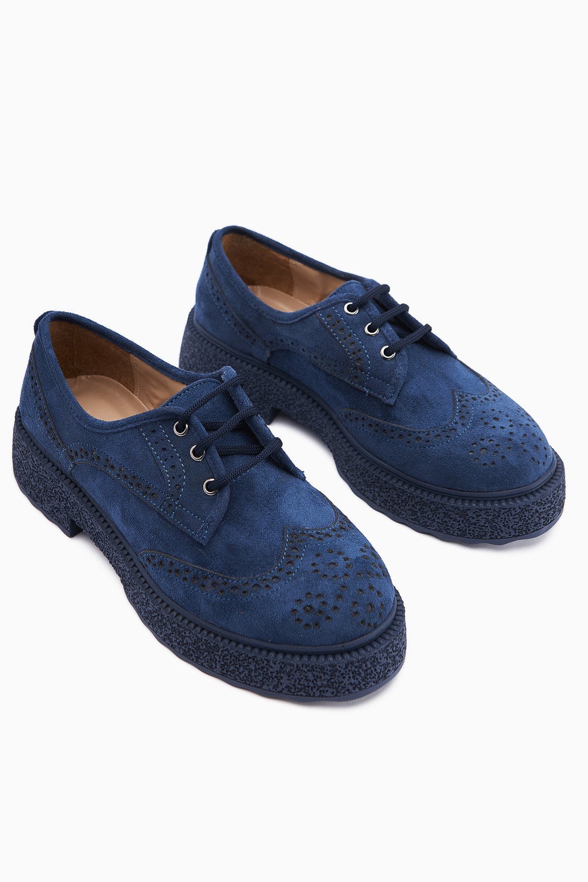 Rossy – Navy Suede Laser-Cut Oval-Toe Shoe (Women)