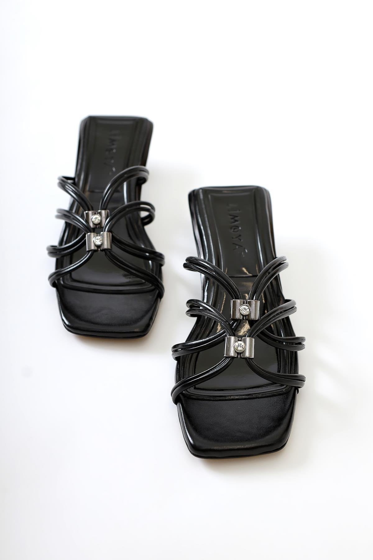 Seyda Black Patent Leather Thin Strap Sandals with Stone Detail