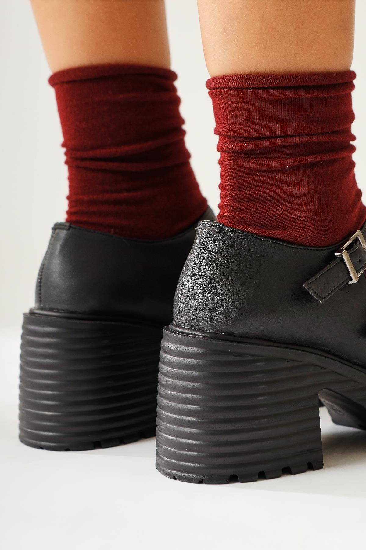 Roselie – Black Thick-Sole Heeled Double-Strap Everyday Shoes (Women)