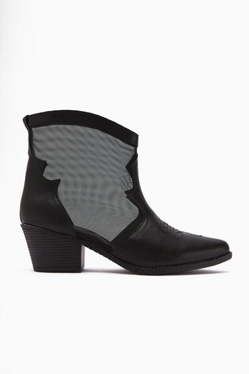 Sevala – Black Embroidered Transparent-Detail Western Summer Boot (Women)