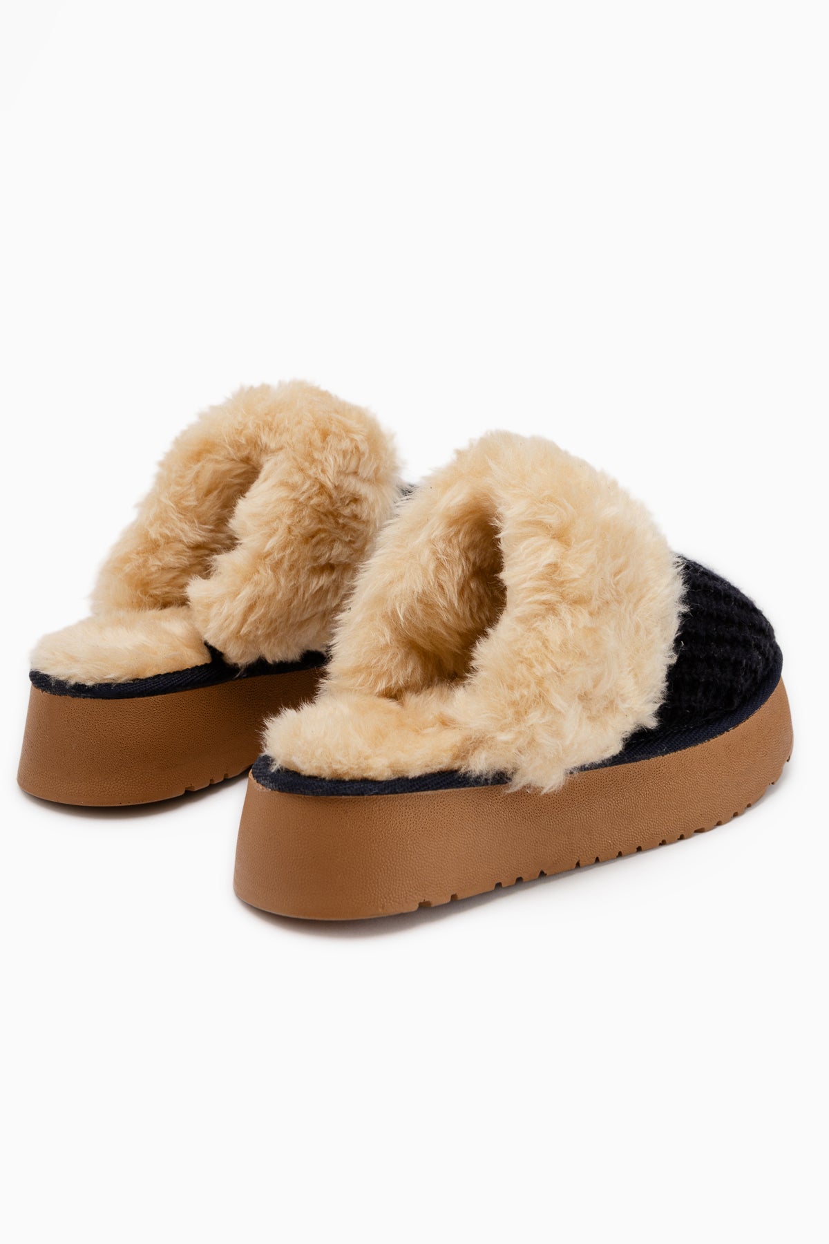 Mariza Navy Plush Knit Fur Lined Thick Sole Women’s Slippers