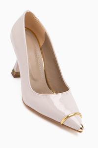 Lelia Beige Patent Leather Metal Toe Detailed Women’s Heeled Shoes