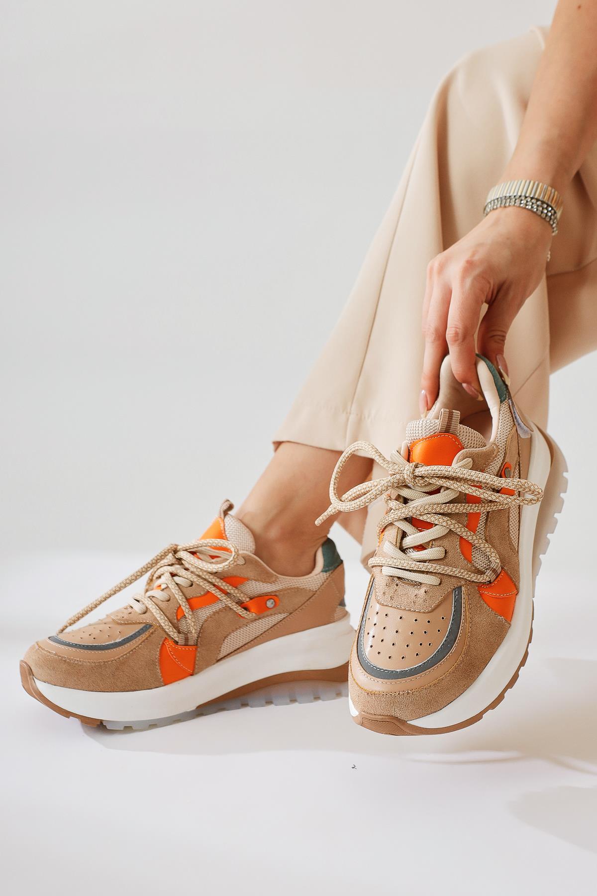 Takako Beige Suede-Leather Lace-Up Sport Shoes