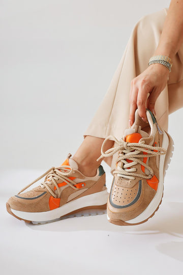 Takako Beige Suede-Leather Lace-Up Sport Shoes