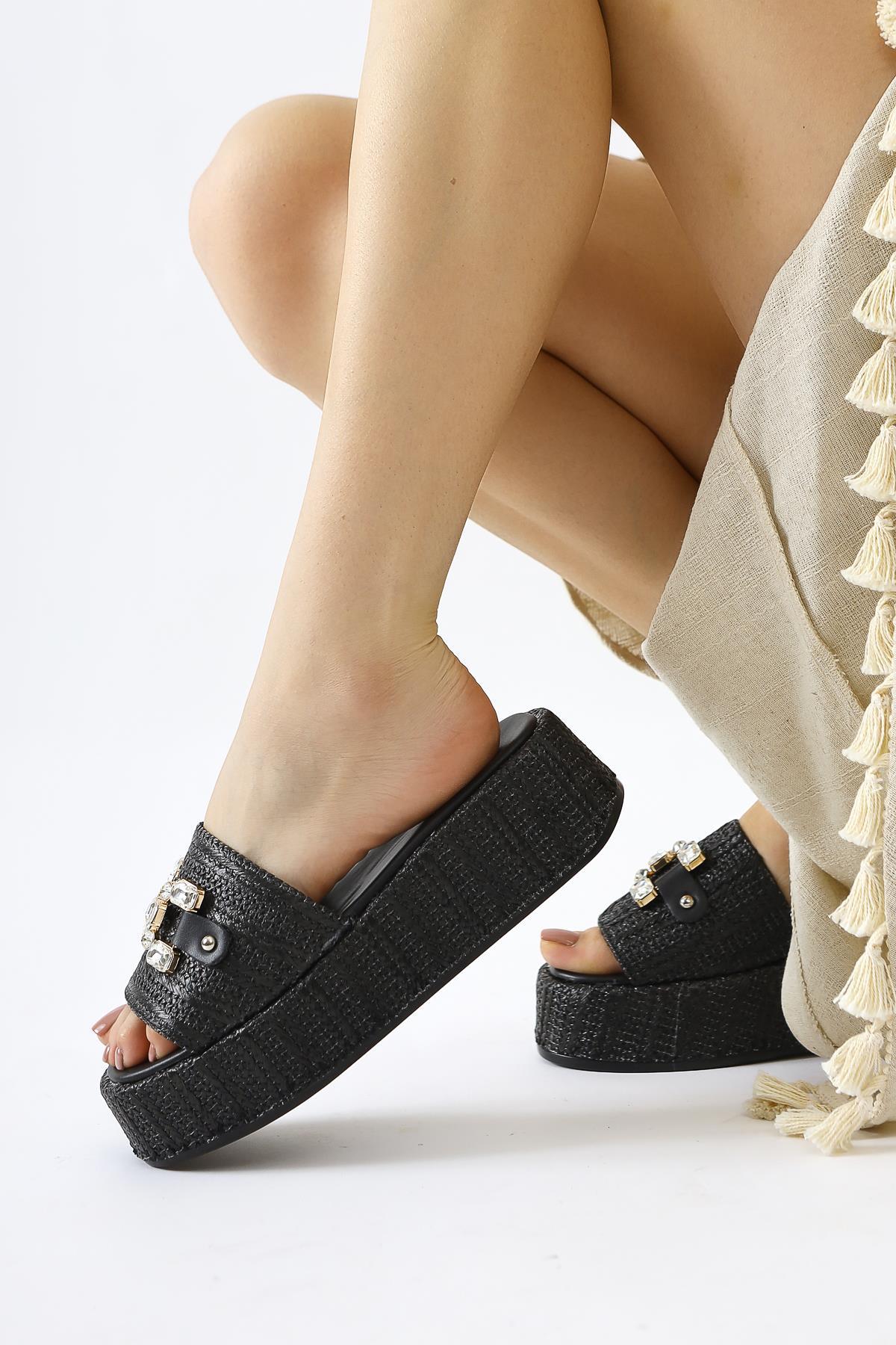 Dorine Black Stone-Embellished High-Heeled Woven Slide Sandal