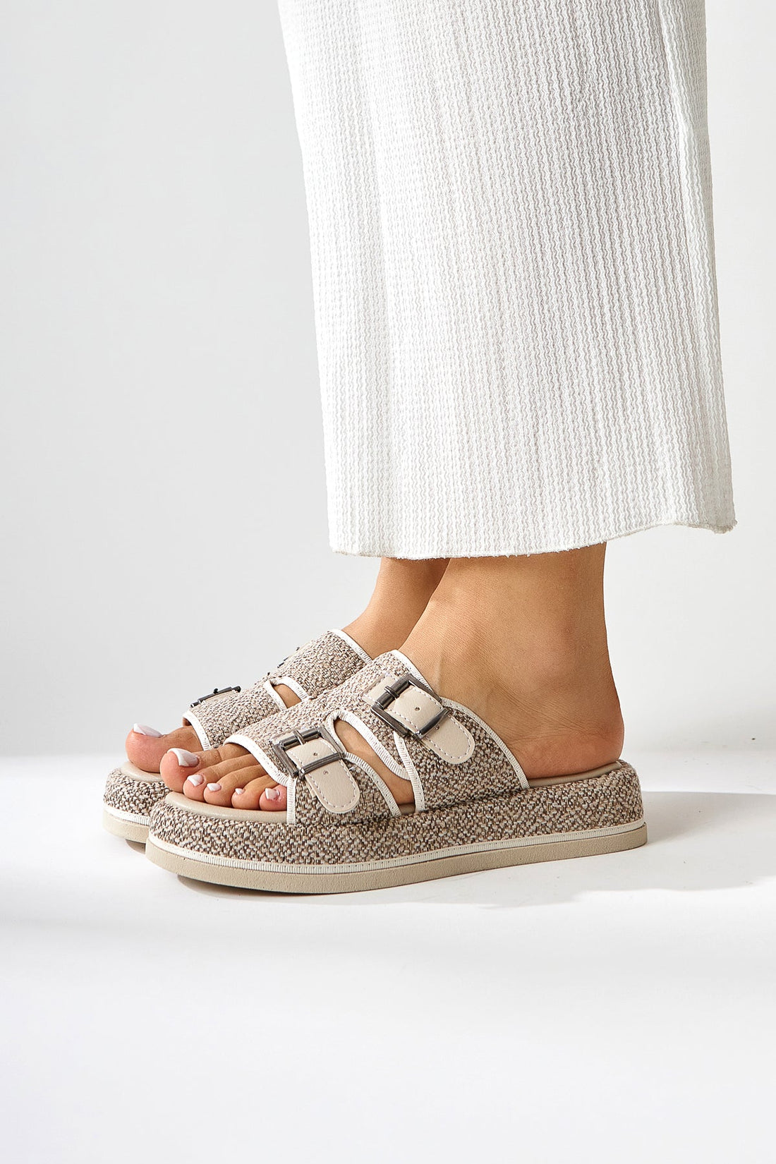 Madina Beige Double-Strap Belted Women's Slippers