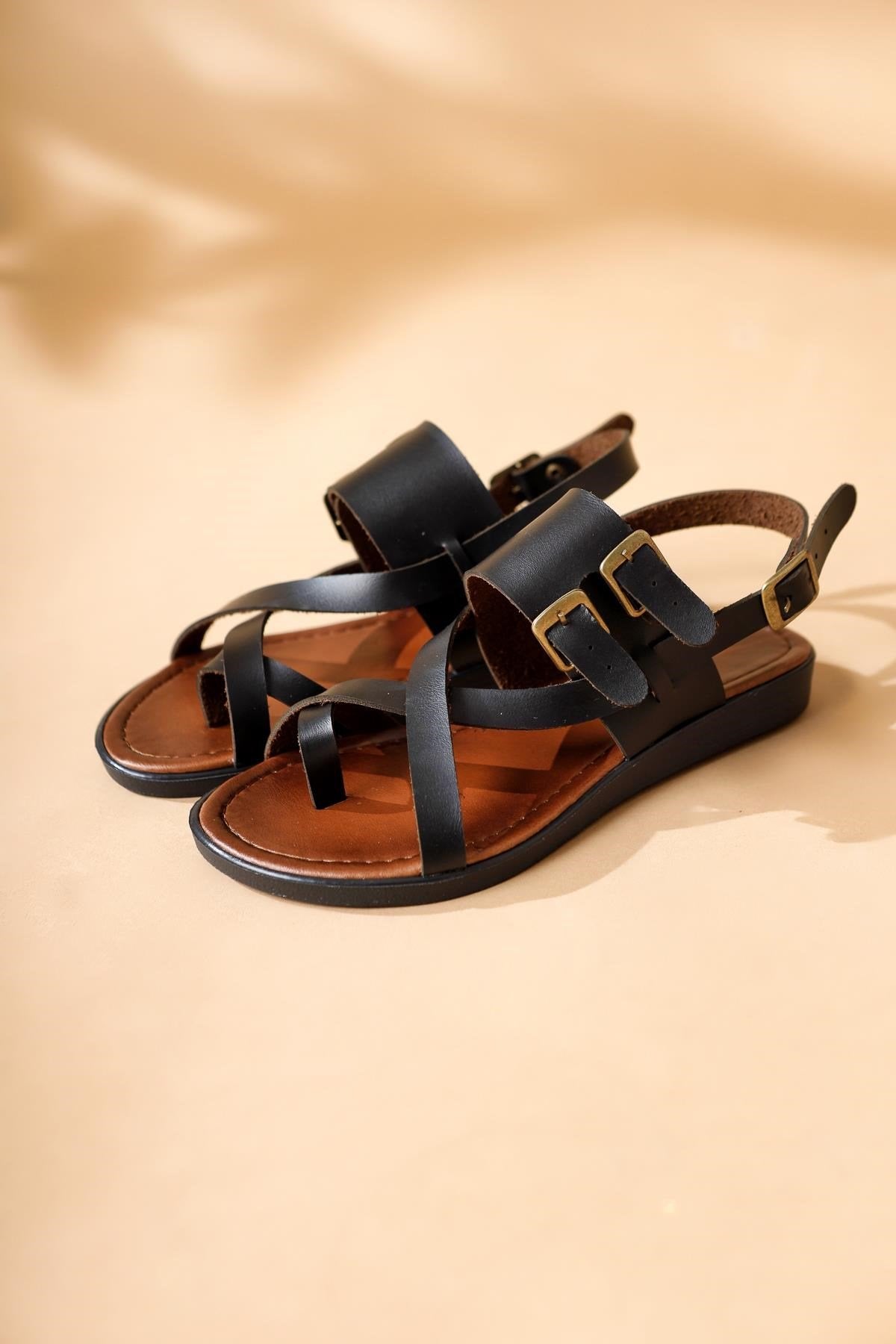 Doraseos Black Gladiator Sandal in Genuine Leather with Buckle Detail