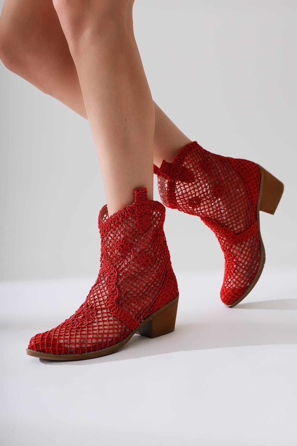 Tersa - Red Short-Shaft Woven Lace Floral-Detail Cowboy Summer Boot (Women)
