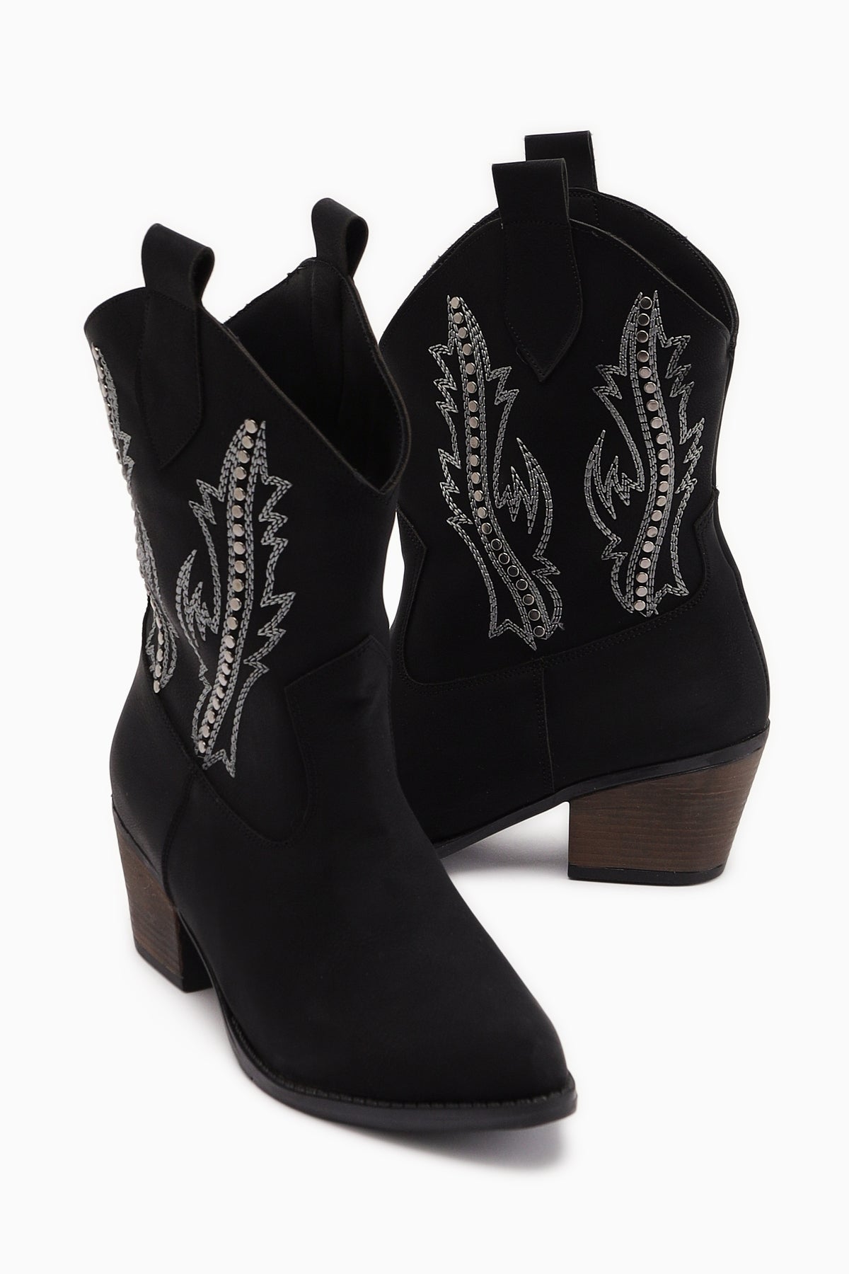 Fiza Black Pointed Toe Embroidered Studded Women’s Boots