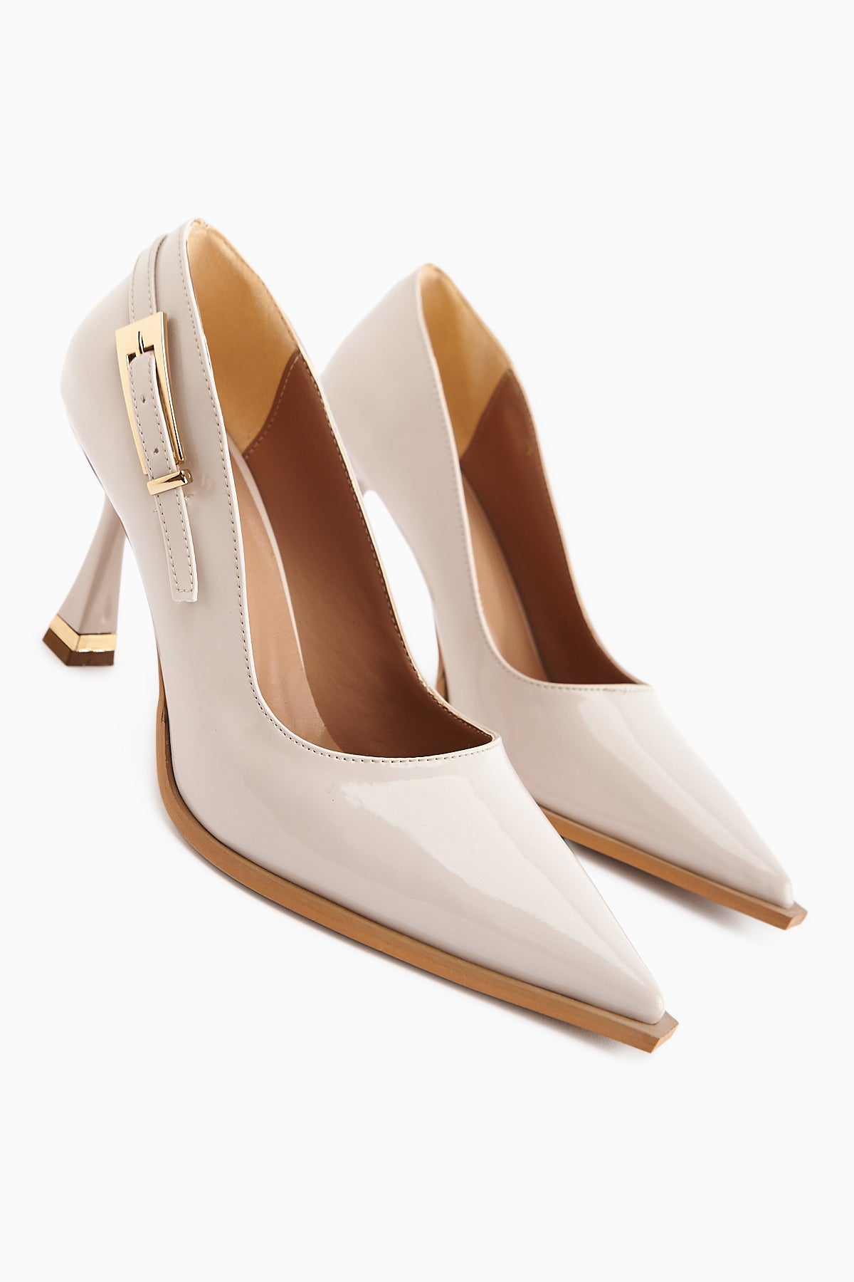 Mithra Beige Patent Pointed Toe Buckle Detailed Women’s Heeled Shoes
