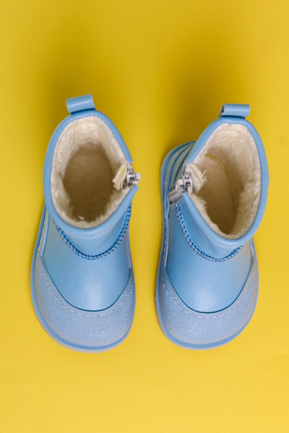 Gilla Blue Reverse Stitch Detailed Furry Lined Baby Boots