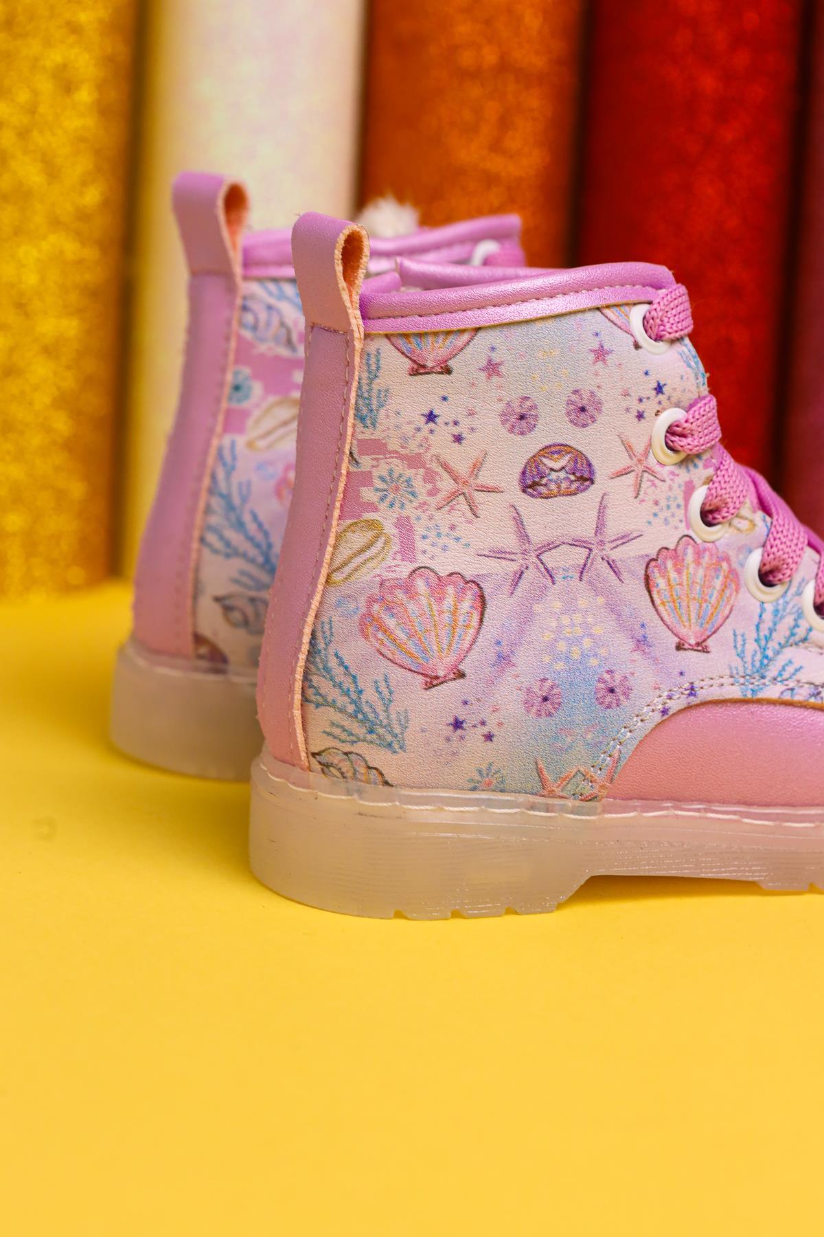 Gifty Purple Sea Life Print Light-Up Lace-Up Baby Boots