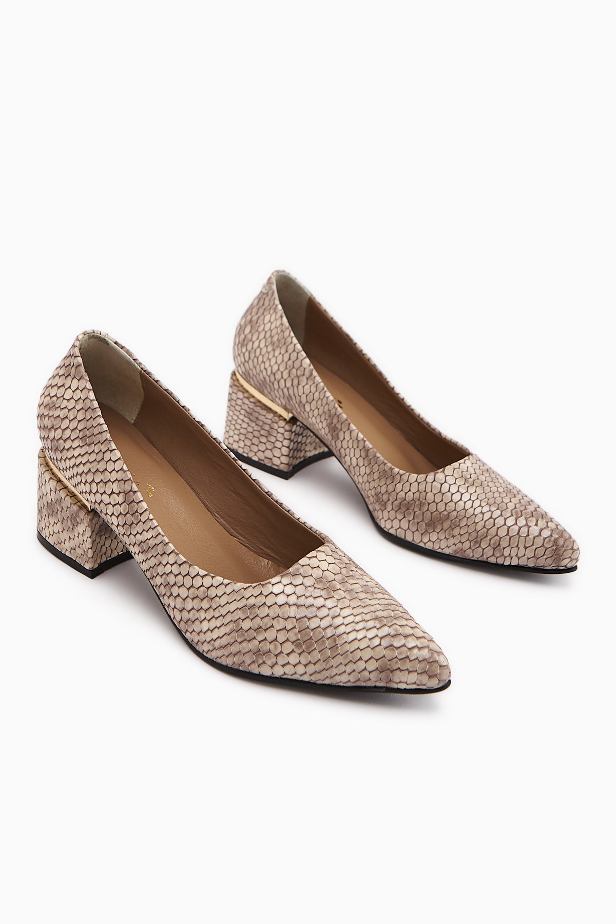Emelia – Genuine Leather Beige Snake-Print Heeled Shoe (Women)