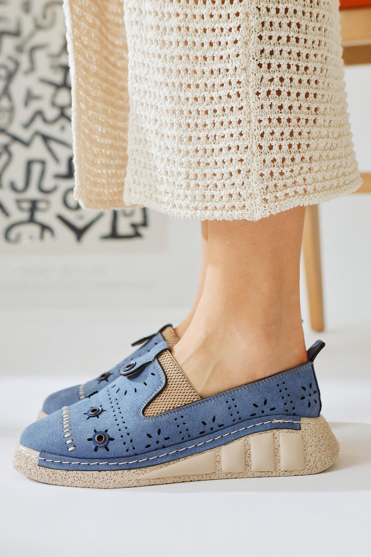 Bethina Blue Suede Studded Laser Cut Flat