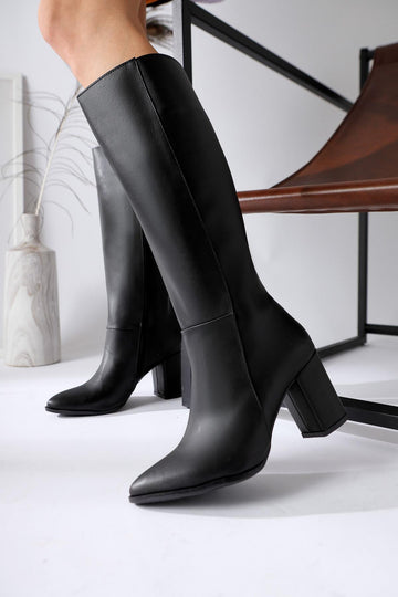 Tatum – Black Pointed-Toe Mid-Heel Knee-High Boot (Women)