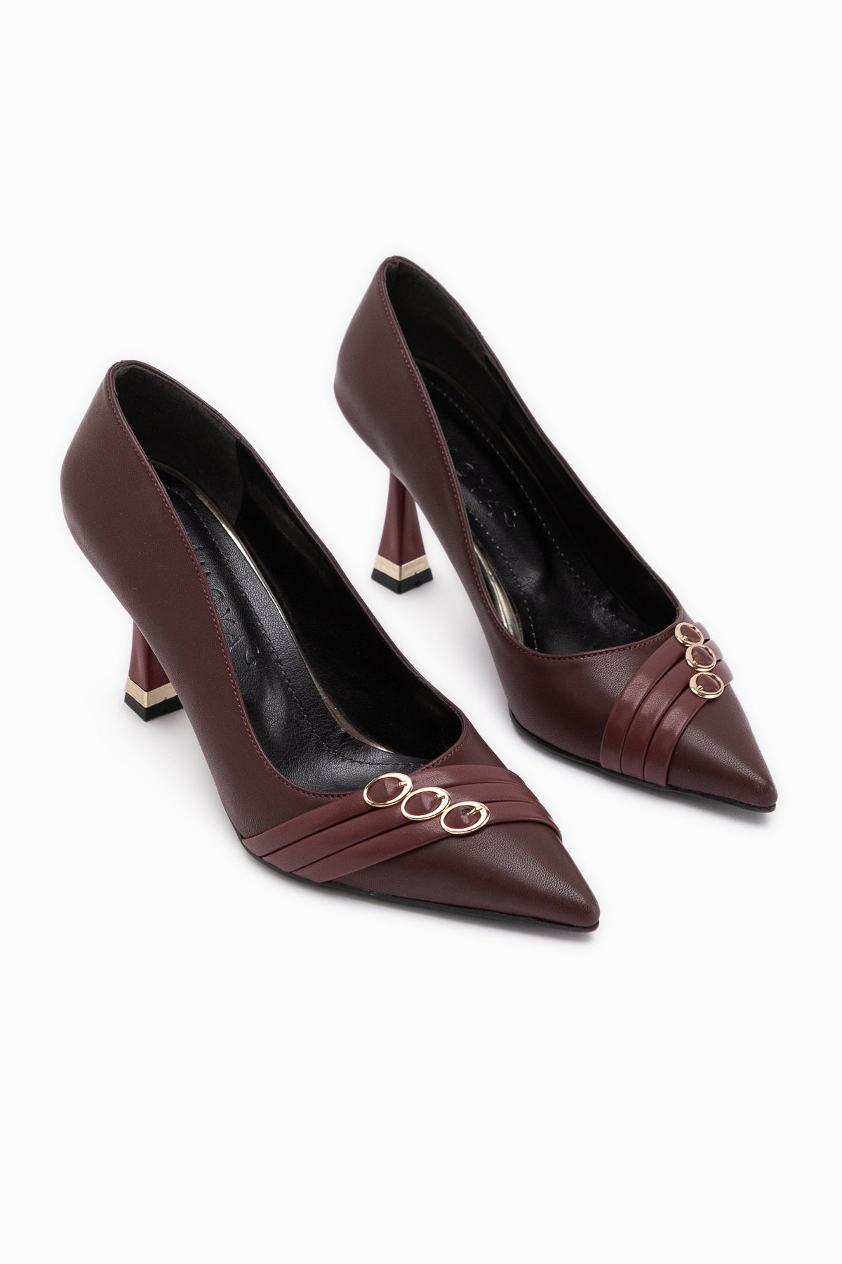 Lavina Burgundy Strap Gold Heeled Pointed Toe Stiletto