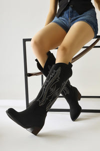 Fizaro Black Pointed Toe Western Boot with Embroidery and Stud Details