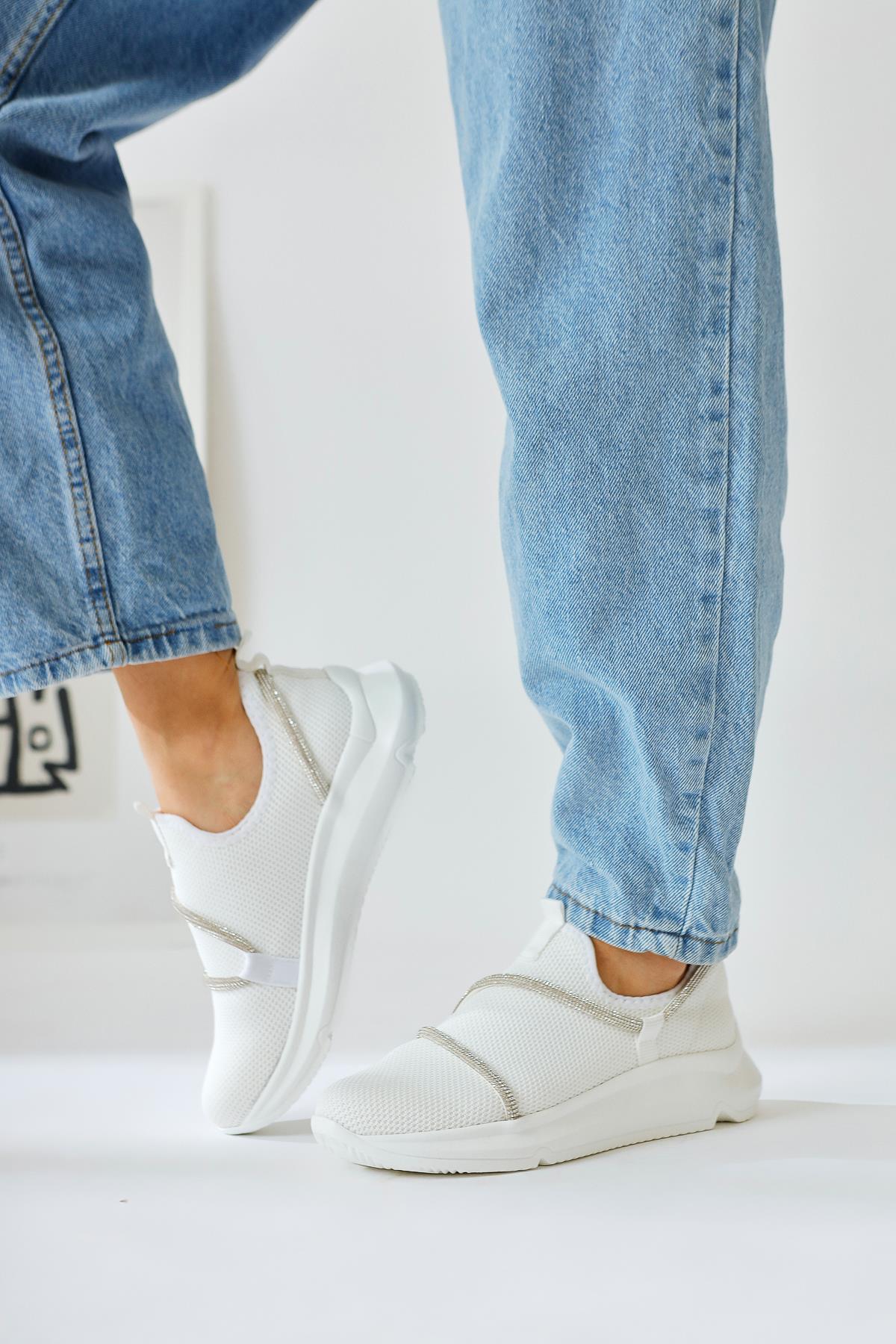 Lorrie White Stone Detailed Sport Shoes