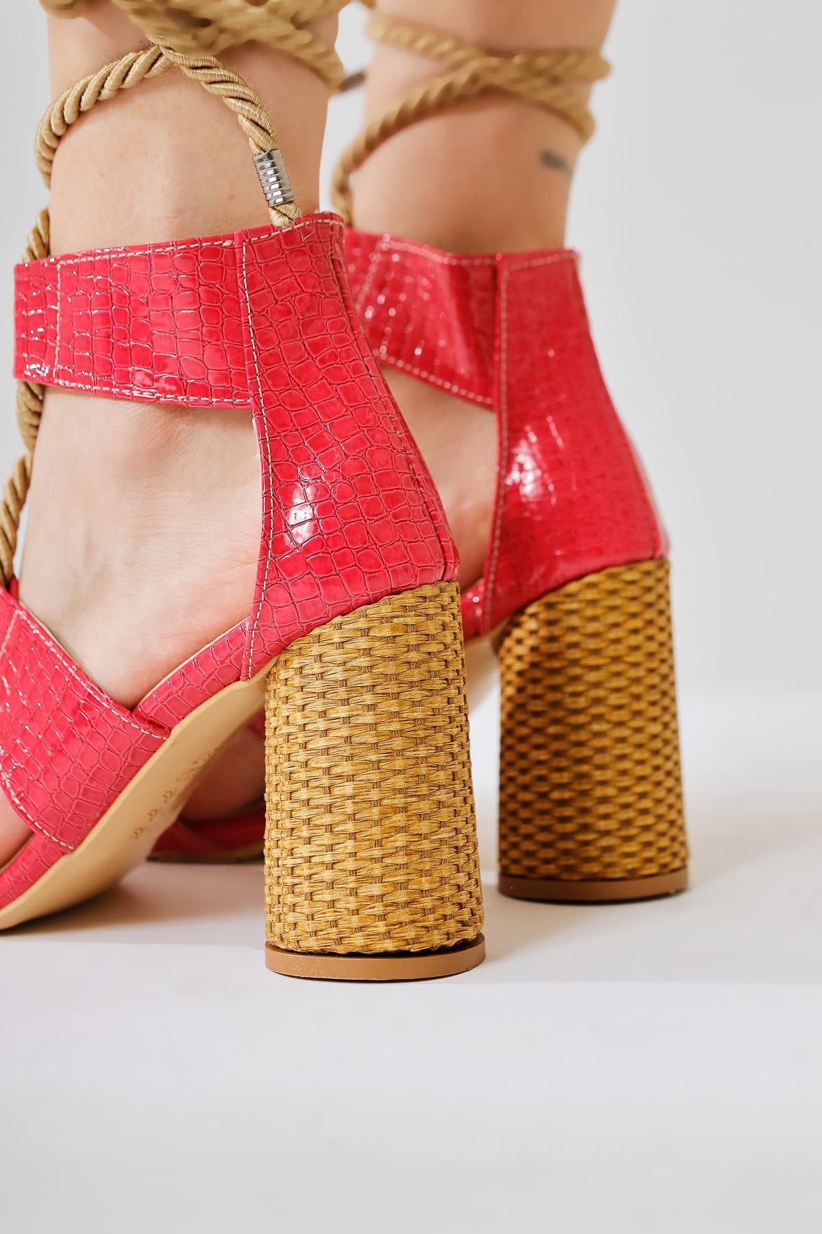 Britty Fuchsia Croco Patent Thick Strap Rope Tie Heeled Sandals