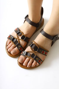 Sohna Authentic Brown Genuine Leather Sandals with Ornate Detailing