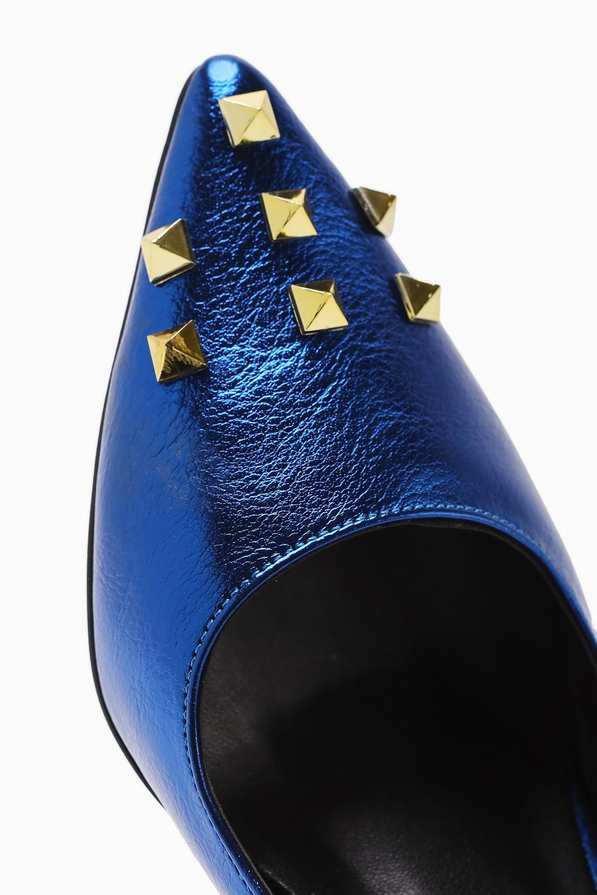 Anni – Navy Shiny Crinkled Patent Pyramid-Studded Heeled Shoe (Women)