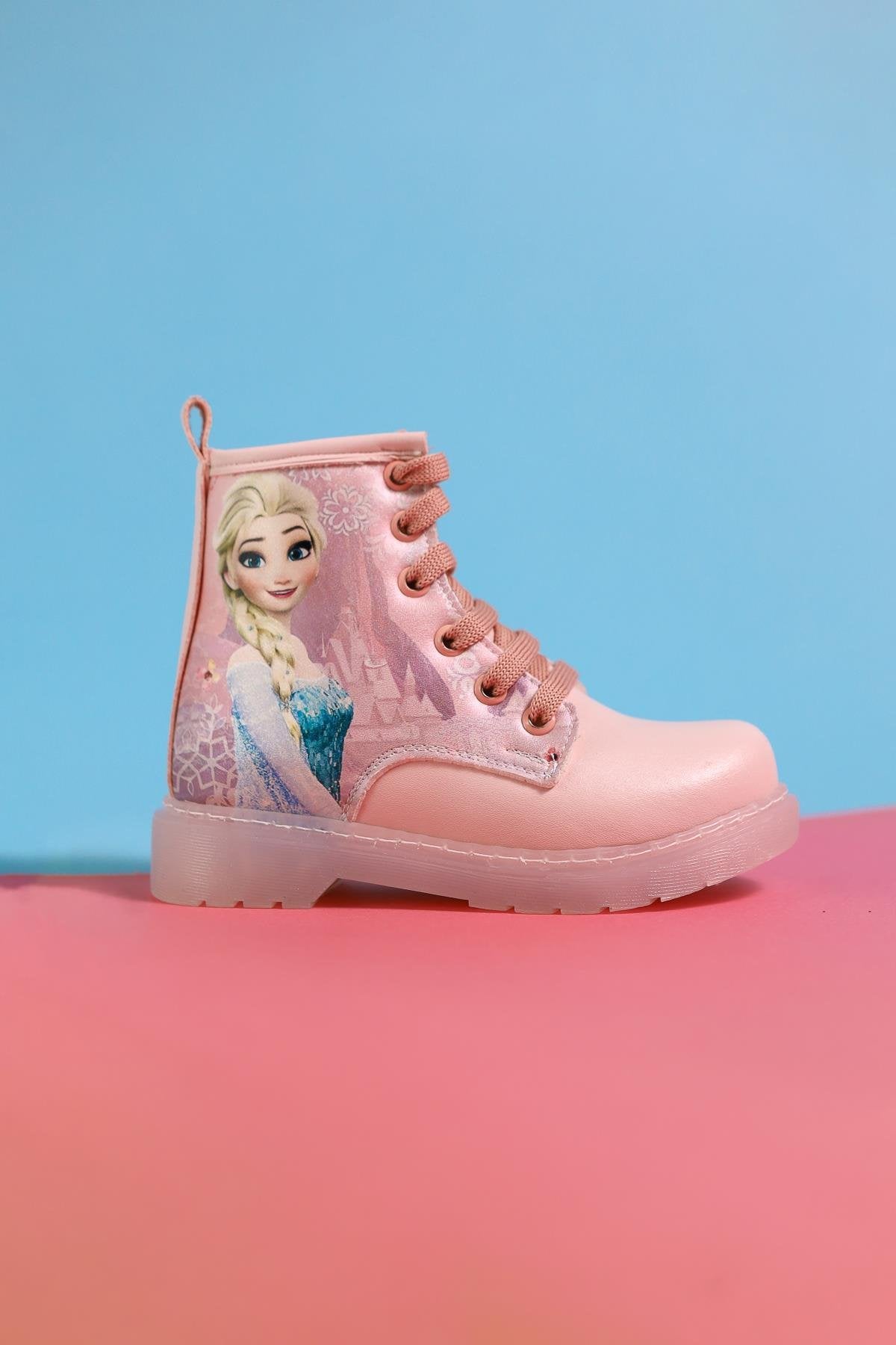 Lyan Powder Pink Striped Character Print Lace-Up Kids Boots