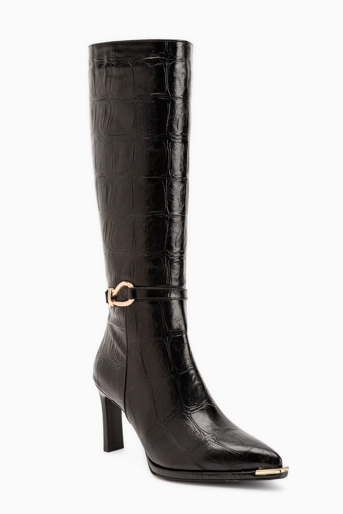 Lovis Black Crocodile Pattern Buckle Detailed Women’s Boots