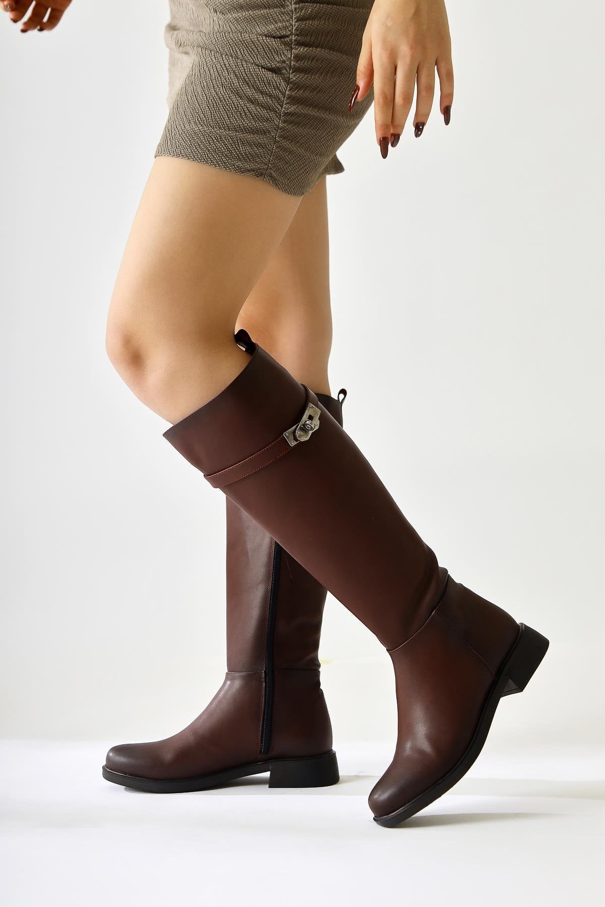 Kanako Burgundy Accessorized Zippered Low Heel Boot