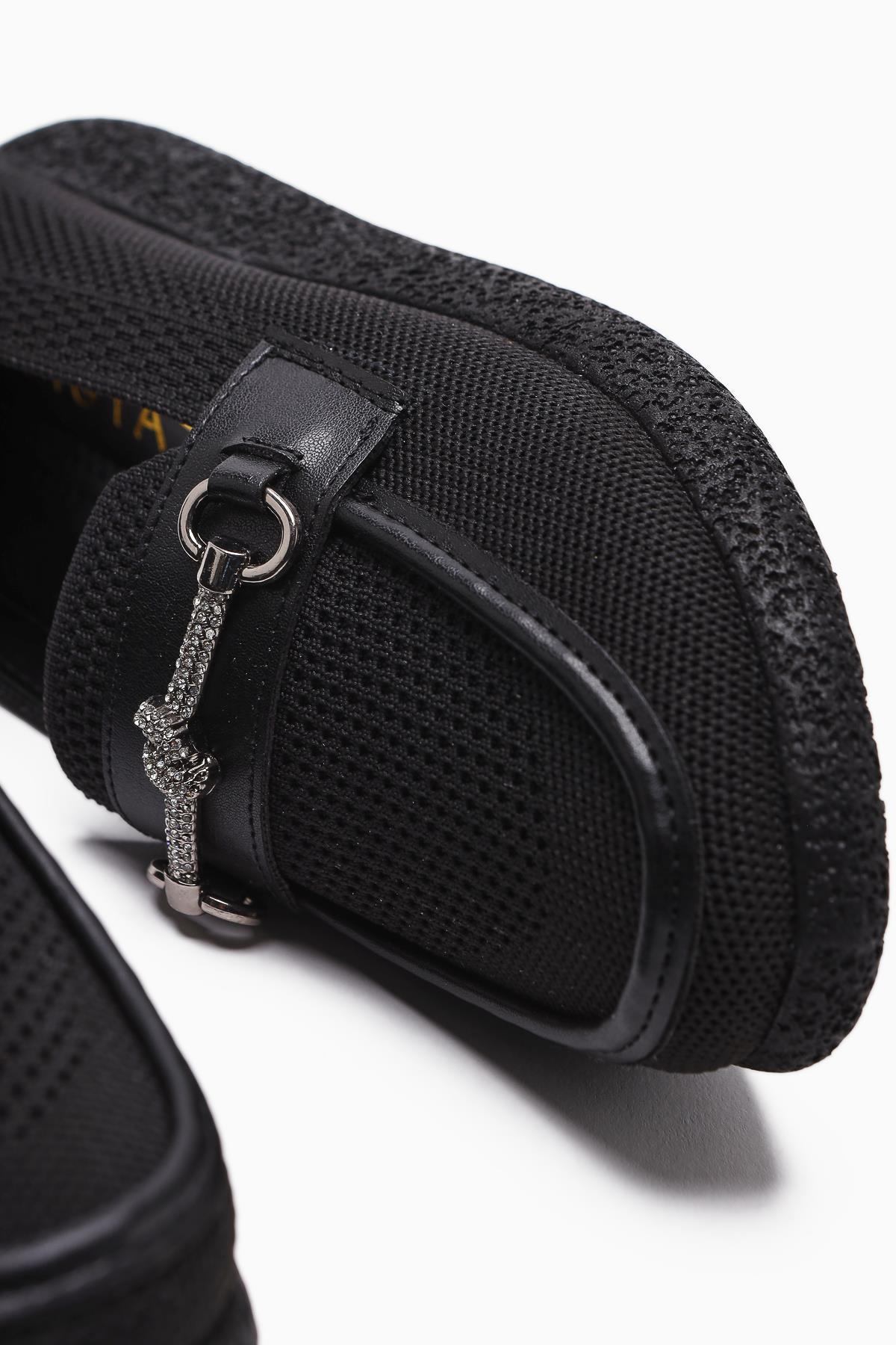 Alea Black Woven Women's Shoe with Rhinestone Buckle Detail