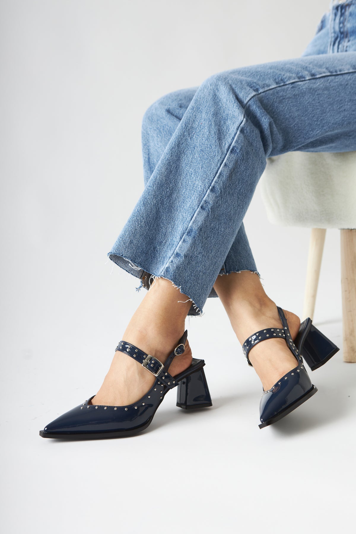 Nuria Navy Patent Leather Pointed Toe Strap Sandals for Women