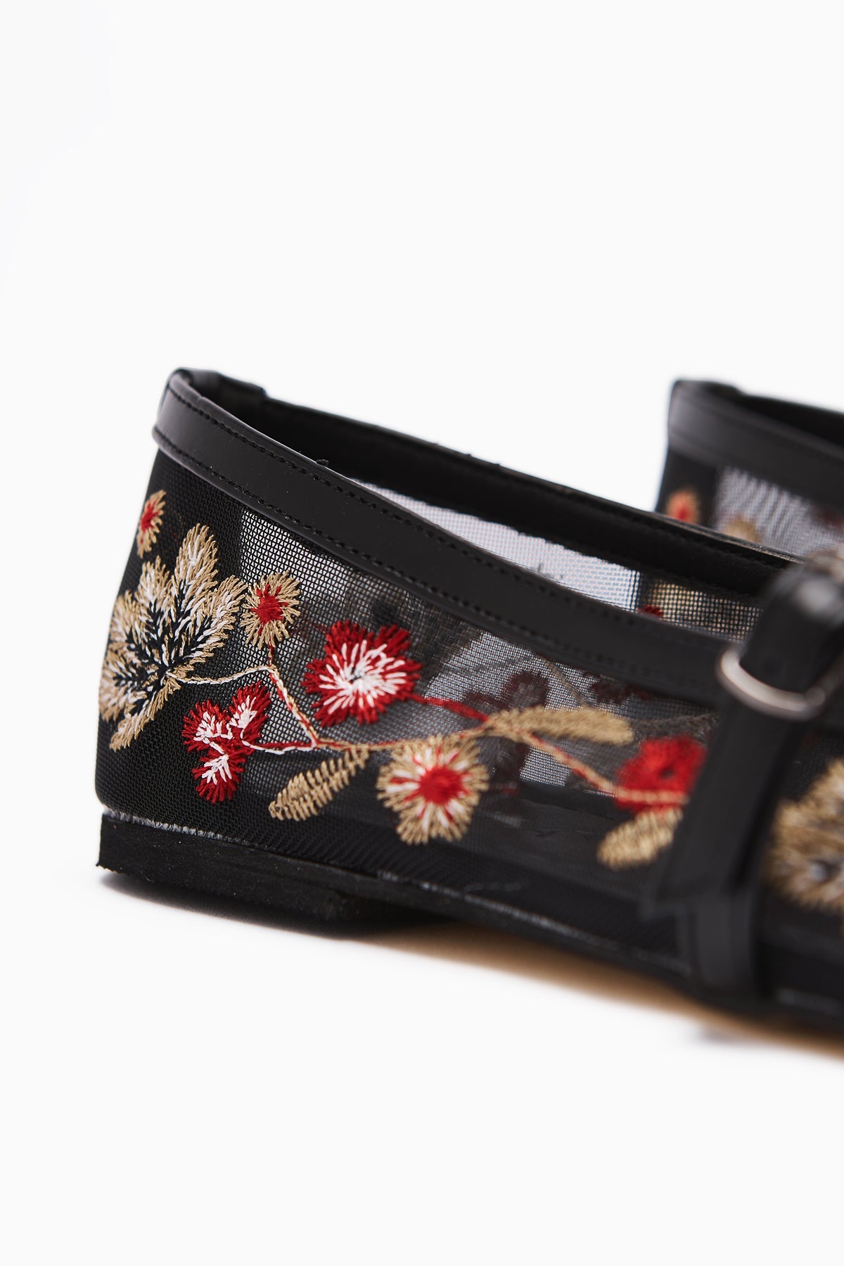 Jolin Black Ballet Flat with Embroidery and Buckle Detail