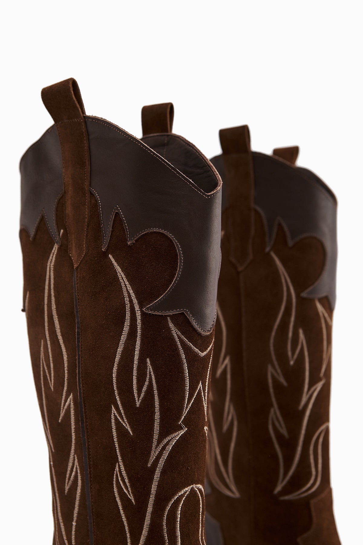 Lara – Genuine Leather Brown Suede-Embroidered Leather-Detail Heeled Western Knee-High Boot (Women)