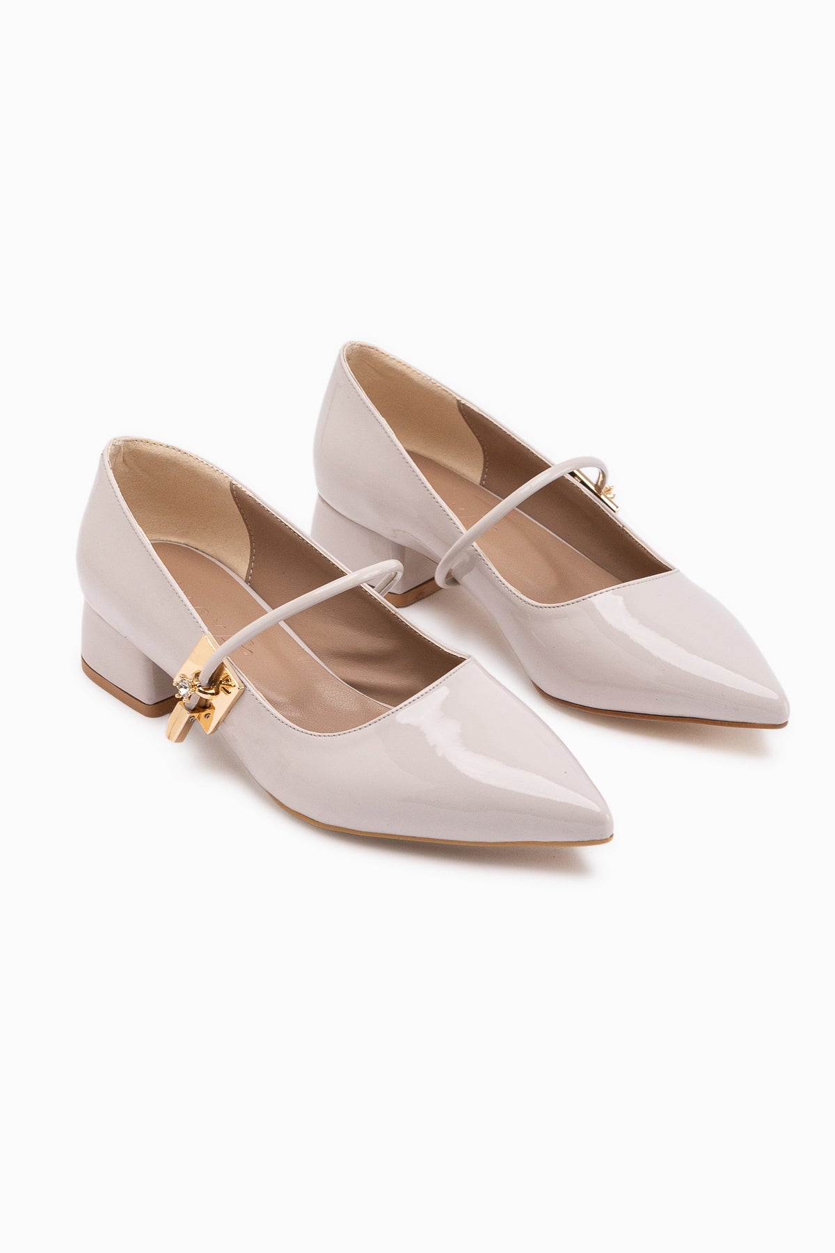 Micha Beige Patent Pointed Toe Single Strap Buckle Detailed Women’s Daily Shoes