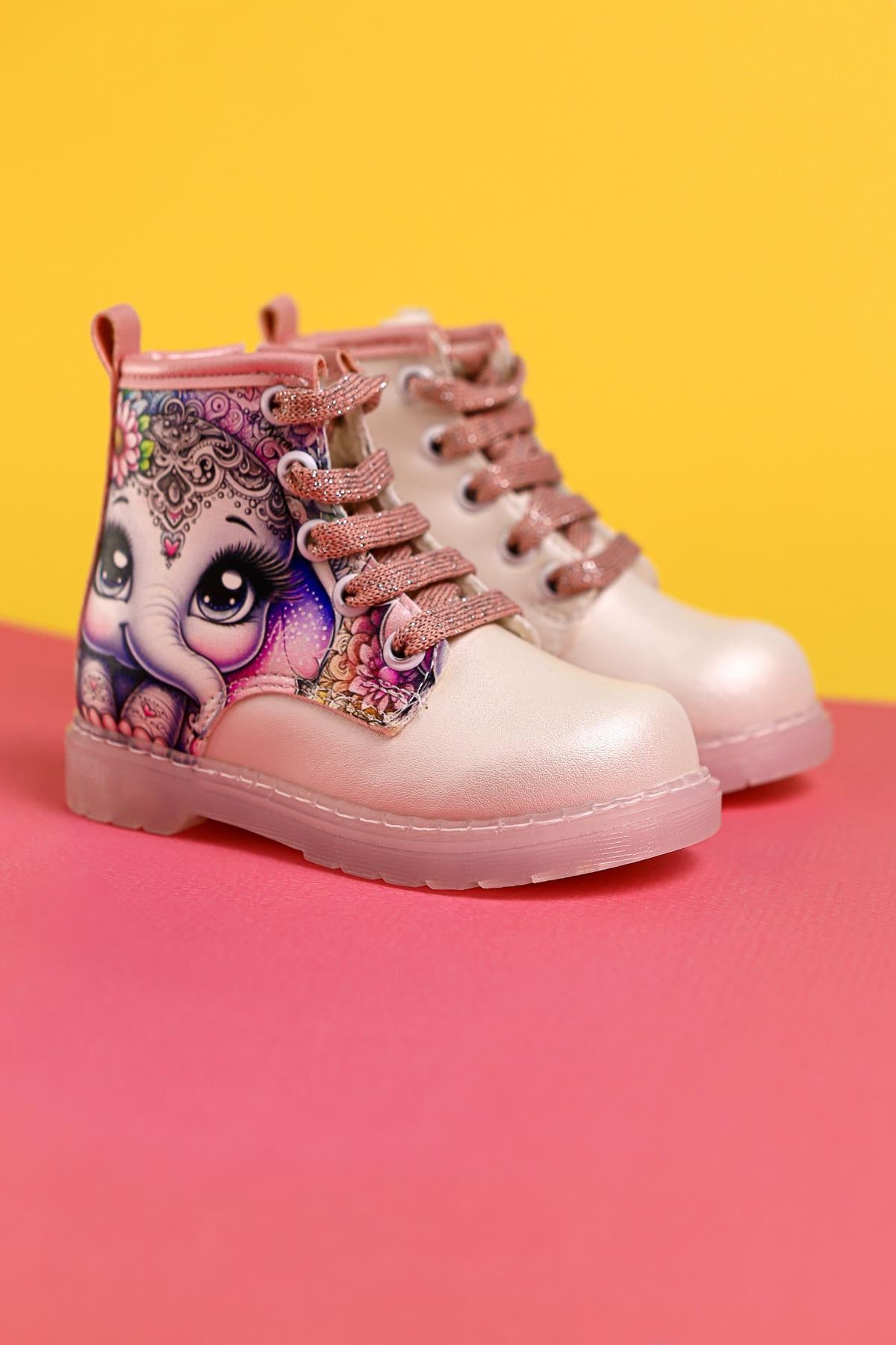 Janny Mother of Pearl Striped Character Print Lace-Up Light-Up Baby Boots