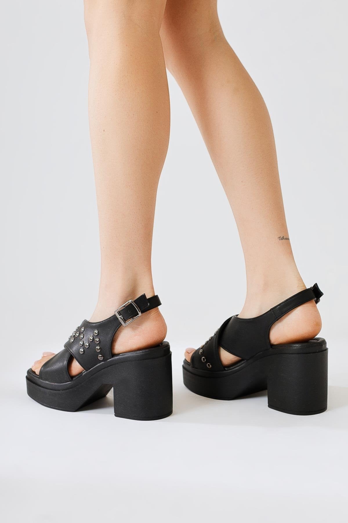 Dorela Black Studded Cross Strap Thick Band Women’s Sandal