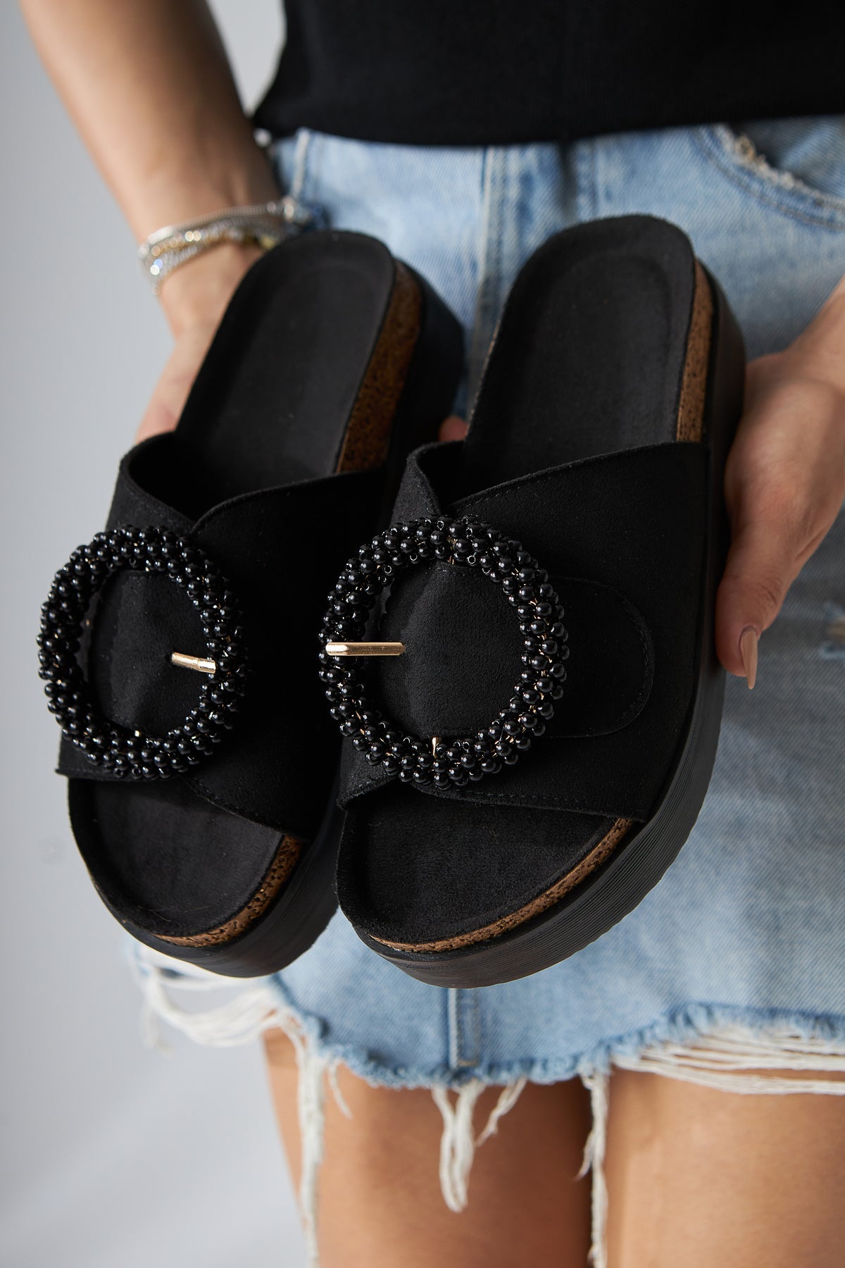 Kamila Black Suede Beaded Women's Comfort Slippers
