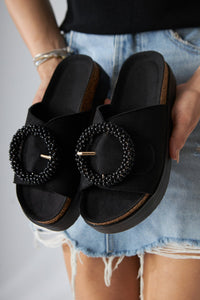 Kamila Black Suede Beaded Women's Comfort Slippers